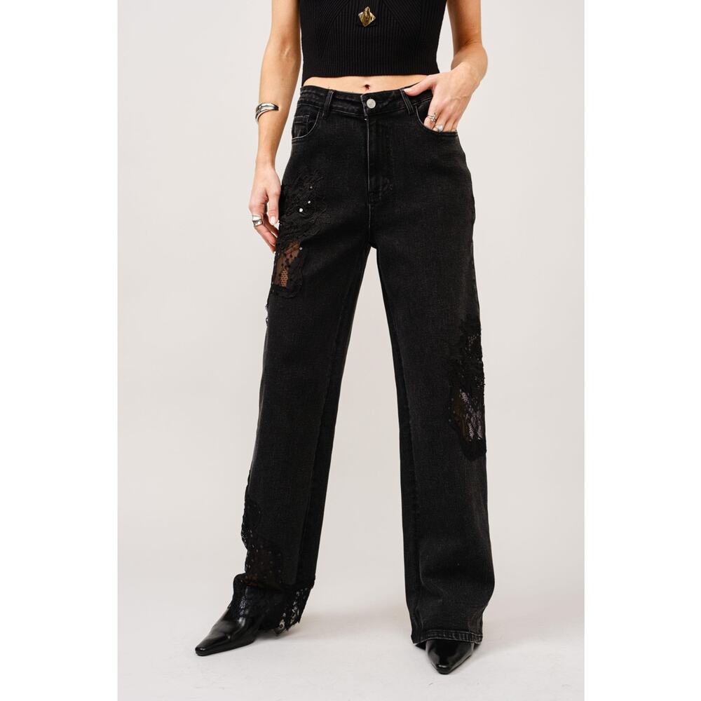 Blue B Size Large Black Lace Patchwork Straight Leg Jeans